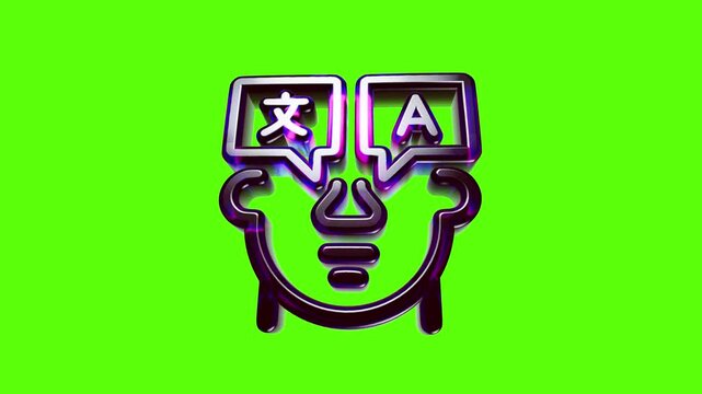 Shiny 3d metallic icon representing language translation with human head and speech bubbles on green