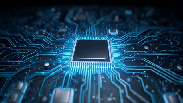 Central Processing Unit glowing with digital energy against a circuit board background with dynamic blue light