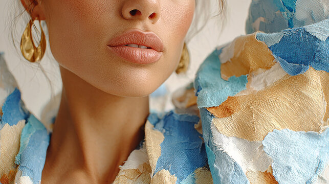 This partial close-up frames a woman's lower face, neck and shoulders, featuring matte full lips, gold hoop earrings, and a textured patchwork garment in soft blue, beige and white tones.

