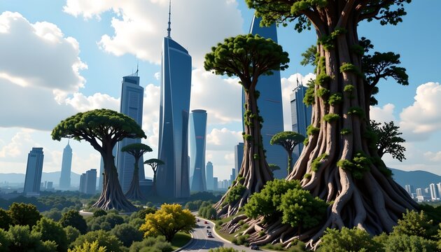 The image depicts a futuristic cityscape where enormous, ancient looking trees with thick, twisted trunks and lush green foliage dominate the scene