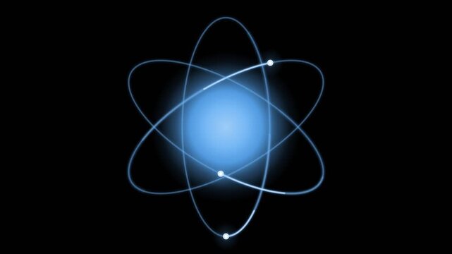 Blue neon atom with three orbiting electrons and a glowing nucleus on a black background, for science, physics, chemistry, education, and nuclear research themes