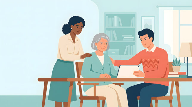 Adult siblings support showing older adults and caregivers supporting a calm daily medicine routine