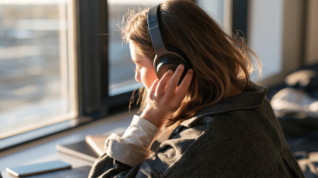 Young woman wearing over-ear headphones and listening attentively indoors near a window, showing music, audio, concentration and everyday digital lifestyle.
