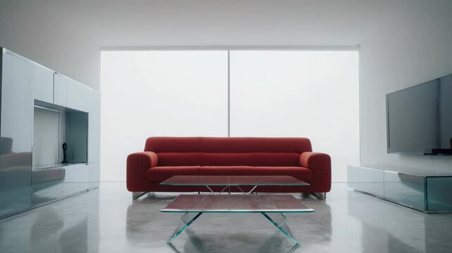 Modern living room interior with red sofa and minimalist design during day
