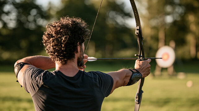 Archer drawing a bow and aiming at a target on an outdoor archery range, showing concentration, precision, sport training and competitive practice.