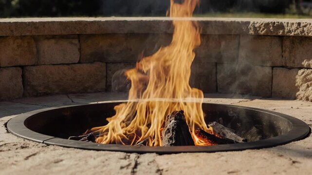 Outdoor fire pit ablaze with warm glowing flames during twilight with cinematic motion and soft focus