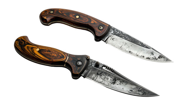 Two folding knives, one open, both with weathered metal blades and wooden handles. Black backdrop accentuates the tools' craftsmanship