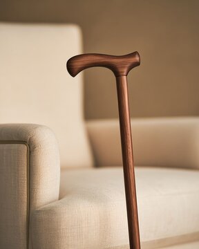 Wooden Walking Cane Standing Near Armchair