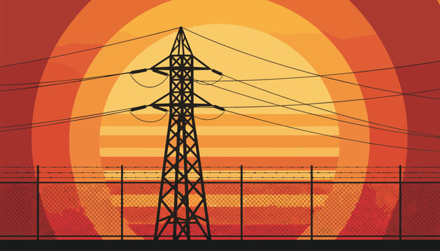 High voltage transmission tower silhouetted against a huge warm setting sun behind a wire safety fence.
