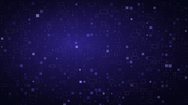 Purple binary code technology background with glowing digital data, ones and zeros, scattered squares, and a soft central glow, for cyber and big data themes