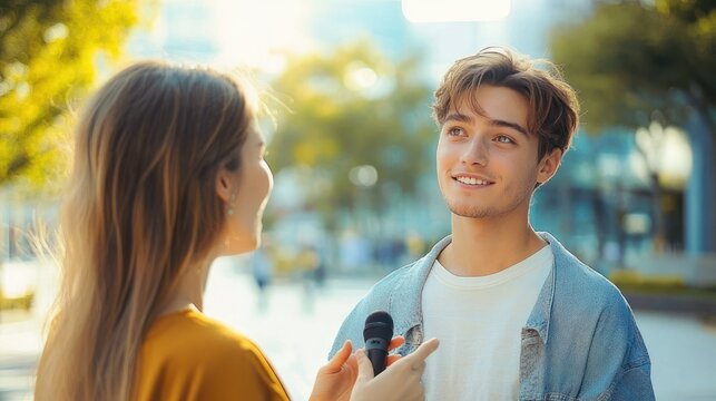woman holding a microphone interviewing a young man in a denim jacket outdoors, casual friendly conversation in a sunny urban park with blurred background
