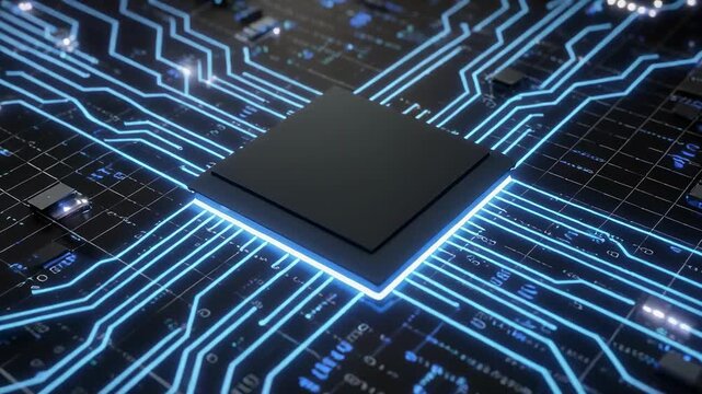 Central processing unit activating with glowing blue circuitry and data streams in a dark technological environment