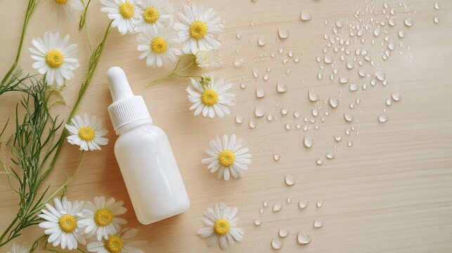 Chamomile serum bottle with dropper and fresh flowers on wood