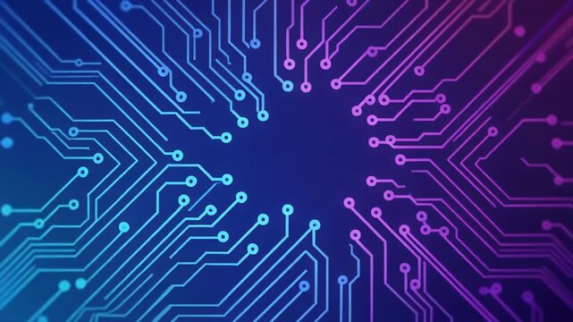 Digital circuit board pattern pulsing with blue and purple light during a technology concept