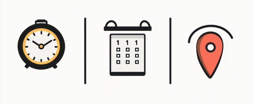 Alarm clock, calendar, and location pin icons separated by vertical lines conveying scheduling, punctuality, and organized planning