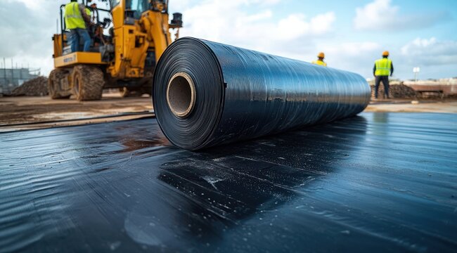 large black waterproof membrane roll on construction site with workers in high-visibility vests and excavator, industrious focused atmosphere