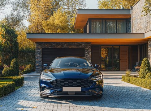 sleek blue sedan parked on paved driveway of modern two-story house with garage, manicured hedges and autumn trees, calm upscale suburban scene