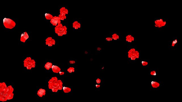 Rose Petals and Flowers Flying from Background to Foreground - Alpha Channel File