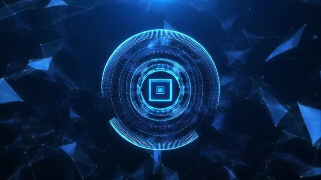 Circular HUD elements with futuristic digital interface and glowing blue particles in motion