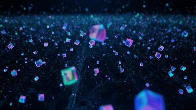 Digital network of glowing cubes floating in a dark cosmic expanse with light trails