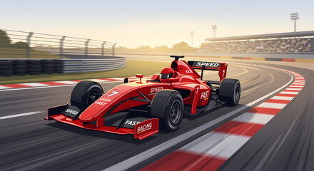 Fototapeta premium A vibrant crimson racing vehicle accelerates through a sharp curve on a grand prix track while the audience cheers from the massive stadium seating under the bright glowing sun during