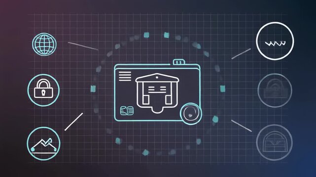 Digital security folder icon animation with connected network nodes and glowing particles in dark blue background