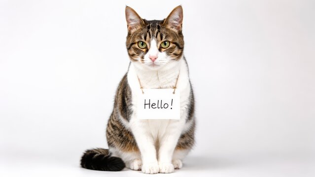 Brown tabby and white domestic shorthair cat with green eyes and pink nose sitting on a light grey background wearing a small white hello sign hanging from a thin string around neck
