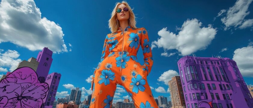 Confident woman in a bright orange floral jumpsuit and sunglasses standing tall on a city rooftop under a vivid blue sky with stylized purple buildings and dramatic clouds