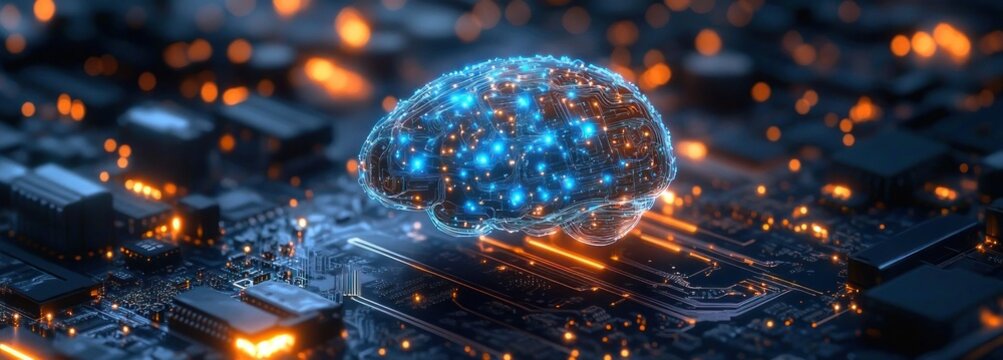 Glowing digital brain of interconnected blue lights and circuits hovering above a dark microchip circuit board with orange indicator lights, evoking futuristic awe