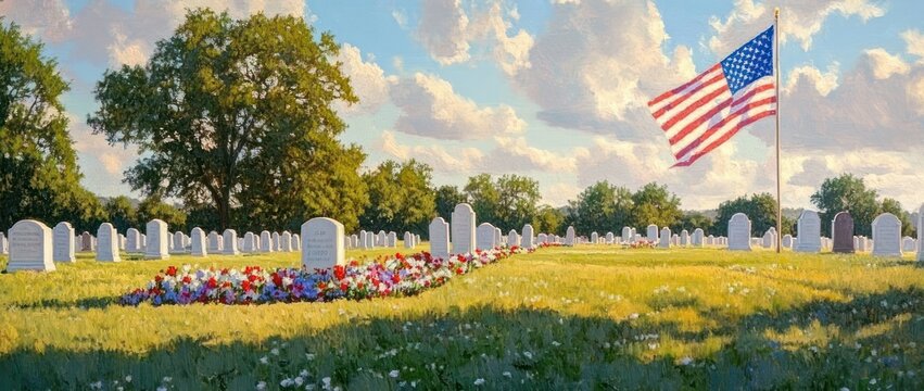 sunlit military cemetery with rows of white headstones, colorful flowers on graves and a large american flag flying, peaceful and reverent atmosphere