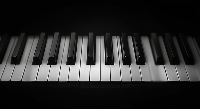 Close-up of piano keys in black and white with dramatic shadows, glossy black and white keys evoking elegant, moody melancholy
