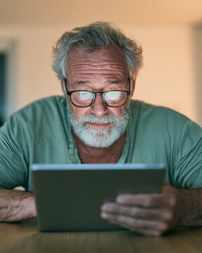 Senior man using digital tablet at home in the evening
