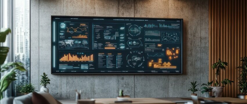 large wall-mounted digital analytics dashboard in a modern office lounge with concrete wall, wooden slats, potted plants, seating, coffee table and a calm focused high-tech atmosphere