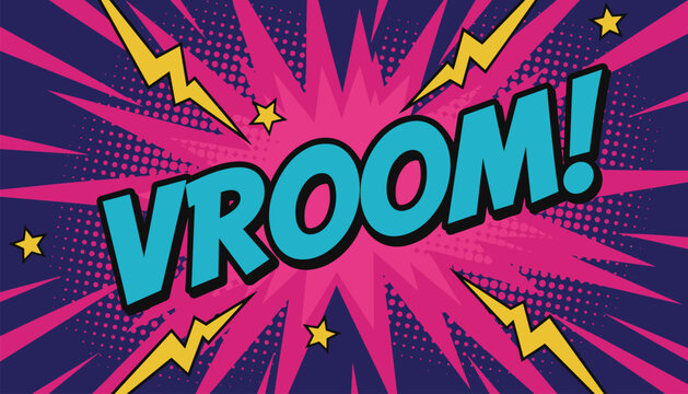 Bold comic text vroom bursts out dynamically from a vibrant pink and blue action background with stars and lightning.