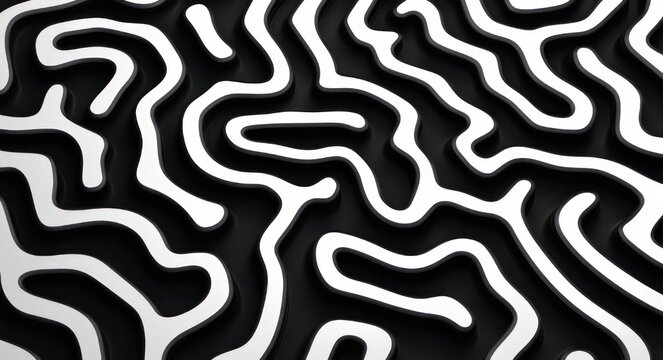 monochrome layered wavy maze with smooth contours and deep shadows, modern hypnotic and calming abstract pattern