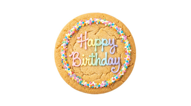 Happy birthday cookie cake with colorful sprinkles and pastel icing for celebration dessert greeting design transparent PNG isolated cutout for adv...