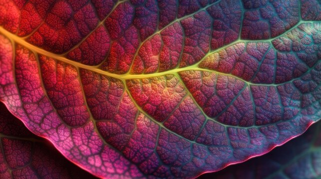 Vibrant close-up of a colorful leaf showing intricate veins and textured surface with glowing rainbow hues, a mesmerizing organic pattern evoking wonder