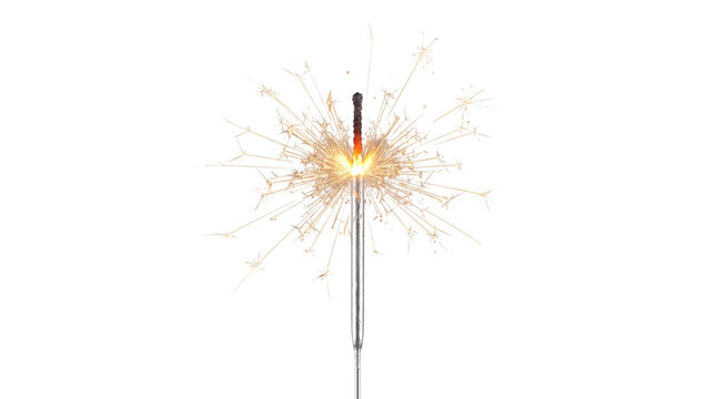 Burning sparkler firework with bright golden sparks for celebration, holiday party, festive greeting card design transparent PNG isolated cutout fo...