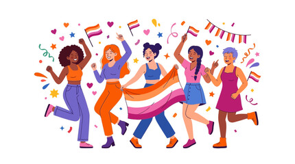 Fototapeta premium Diverse group of happy women celebrating with colorful striped flags