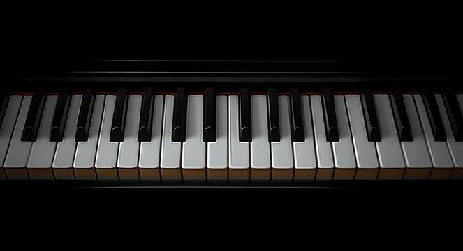 Close-up of illuminated piano keyboard with glossy black and white keys and wood trim on a dark background, evoking a moody, elegant, contemplative atmosphere