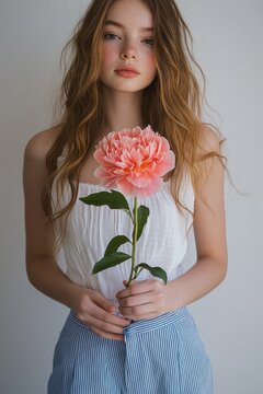 woman with pixelated face and long wavy hair wearing a white sleeveless top and blue striped skirt holding a large pink peony, calm and serene