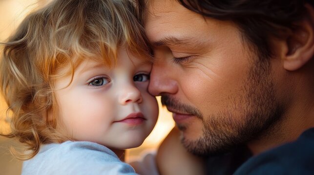 close-up of a bearded man and curly-haired young child sharing a tender cheek-to-cheek embrace with eyes closed and warm soft light