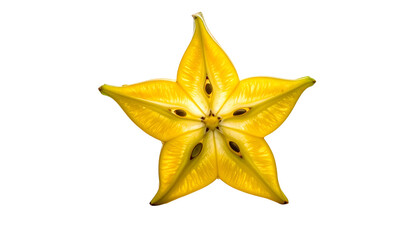 Fototapeta premium Overhead shot of a ripe, yellow fruit with a star-like shape, showcasing seeds in its core. It is set against a black background