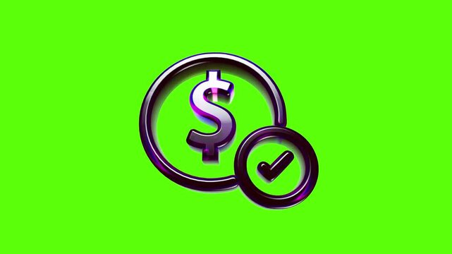 Shiny metallic dollar coin icon with a green check mark symbol for successful financial transactions