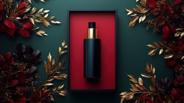 matte black pump bottle with gold collar displayed in a red framed box on a dark green background, surrounded by gold and burgundy leaves, elegant and festive mood