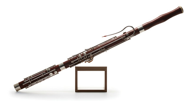 A wooden bassoon musical instrument balancing on a small brown stand against white background