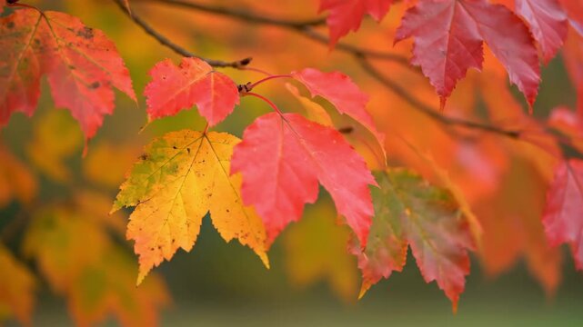 Vibrant autumn maple leaves in red and orange hues, close up of fall foliage on tree branches, seasonal nature background