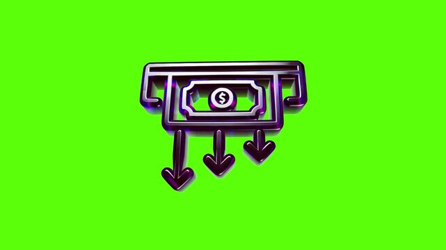 Purple 3d metallic icon of money withdrawal from an atm machine with downward arrows for financial loss