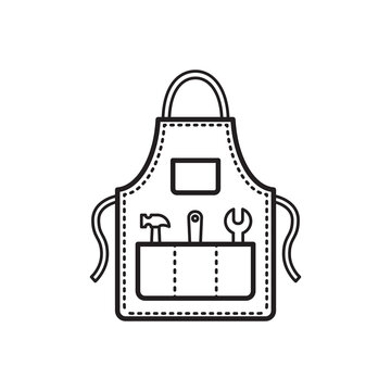 Minimalist line art icon of a heavy-duty workshop apron featuring front pockets loaded with hand tools.