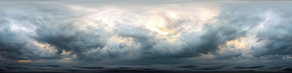 Obraz premium Panoramic stormy ocean horizon beneath dramatic brooding clouds with shafts of light breaking through, evoking awe and foreboding